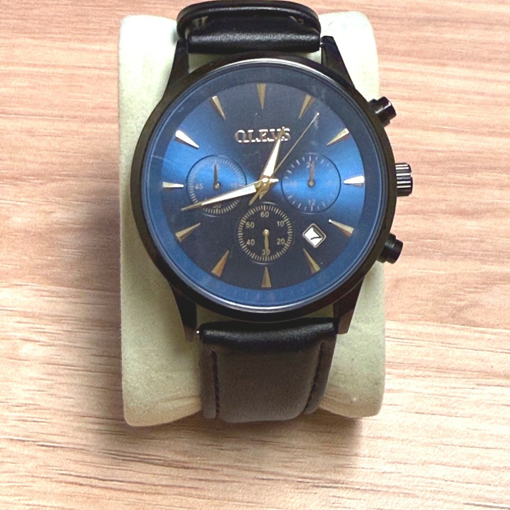 OLEVS‎ Men's Quartz Chronograph Watch Blue Dial Black Case Leather Strap